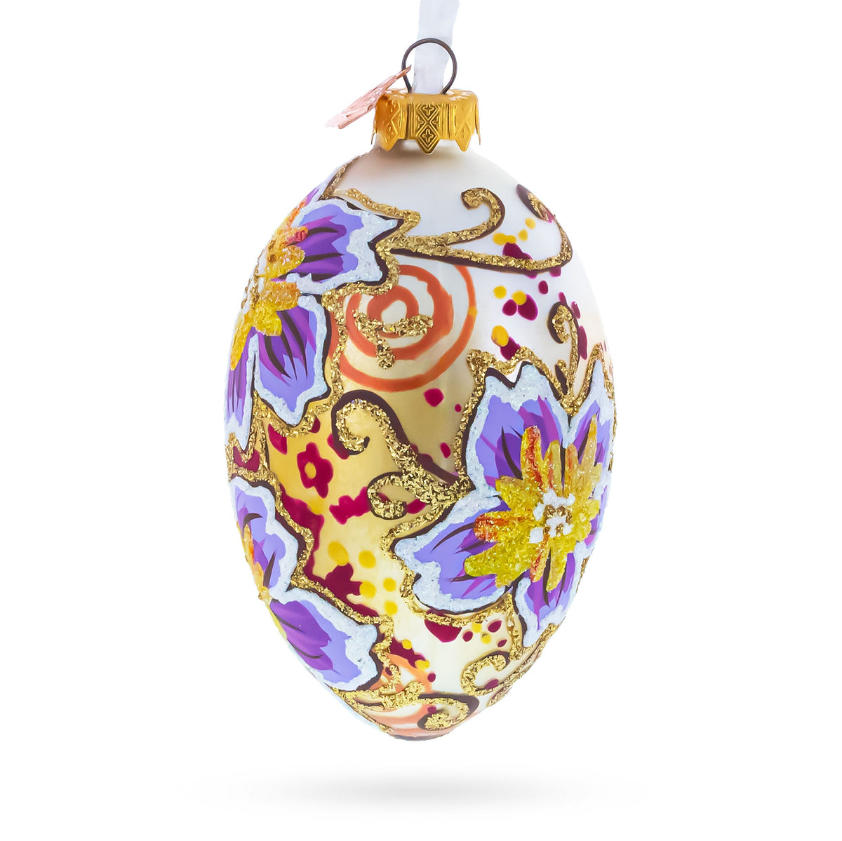 Purple Flowers Glass Egg Ornament 4 Inches