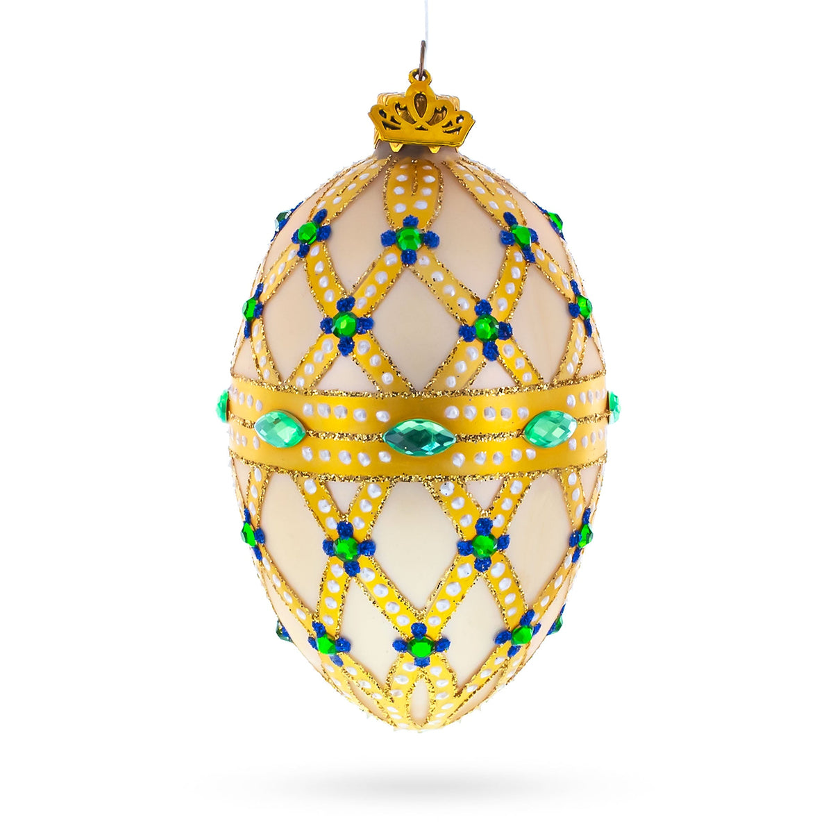 Yellow Trellis, Green Gems & Royal Blue Accents Glass Egg Ornament 4 Inches