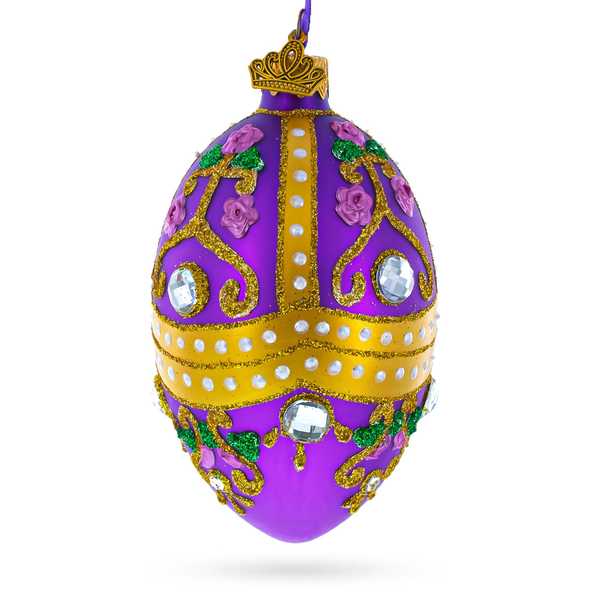 Jeweled Scrolls on Purple Glass Egg Christmas Ornament 4 Inches