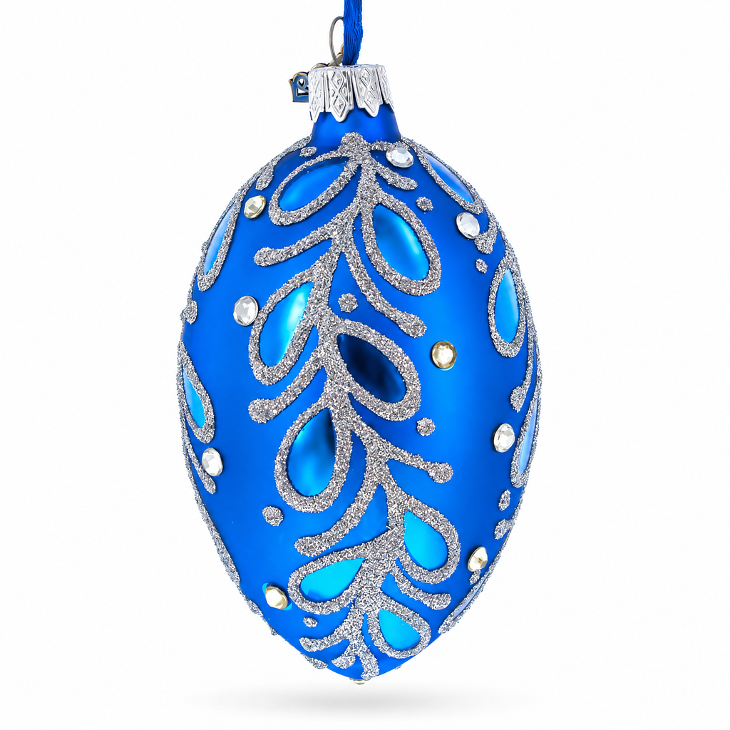 Blue Paisley Glass Egg Christmas Ornament 4 Inches