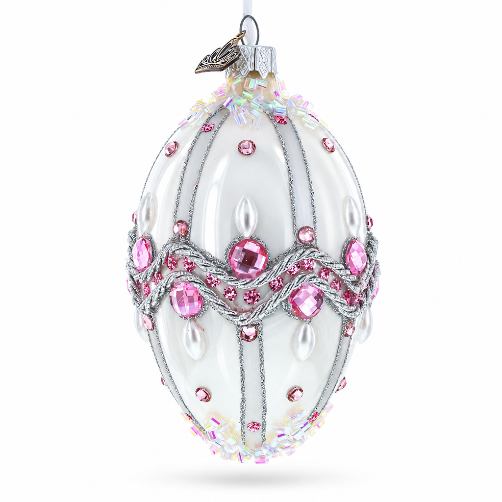 Pink Jewels on Striped Glass Egg Ornament 4 Inches