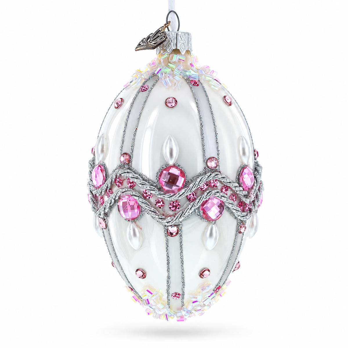 Pink Jewels on Striped Glass Egg Ornament 4 Inches