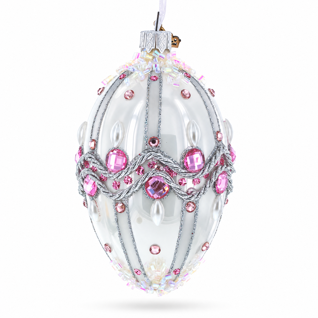 Pink Jewels on Striped Glass Egg Ornament 4 Inches