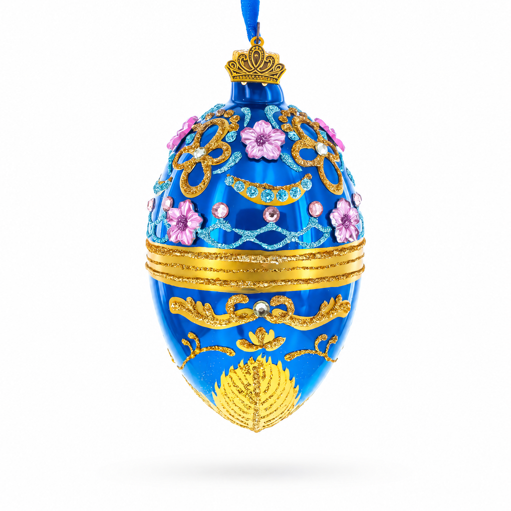 Flowers on Glossy Blue Glass Egg Christmas Ornament 4 Inches