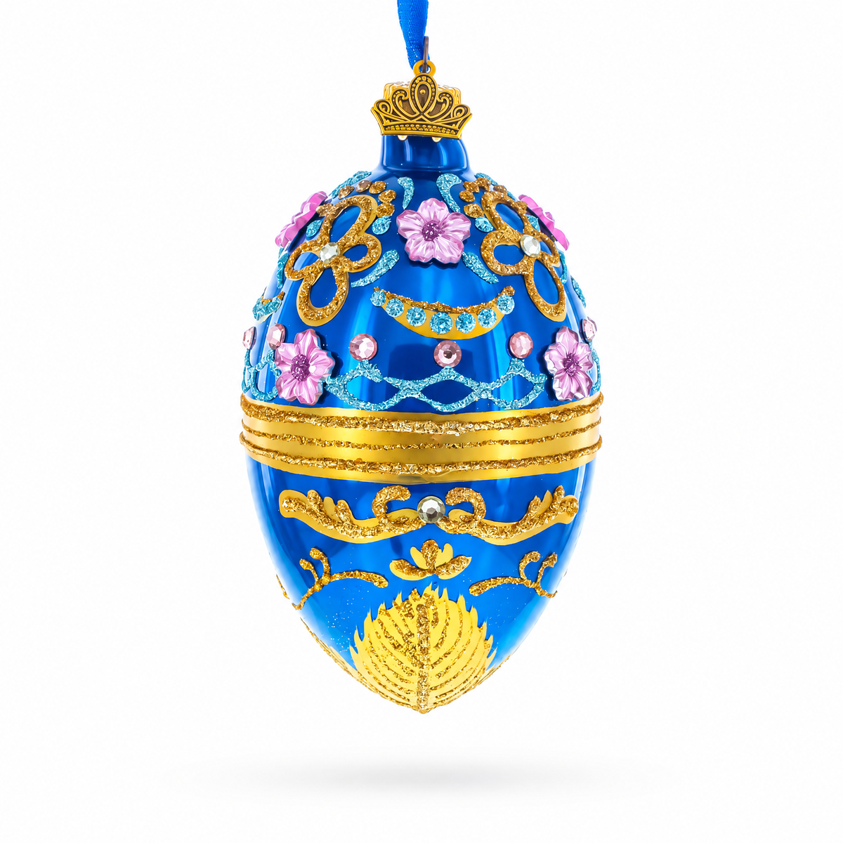 Flowers on Glossy Blue Glass Egg Christmas Ornament 4 Inches