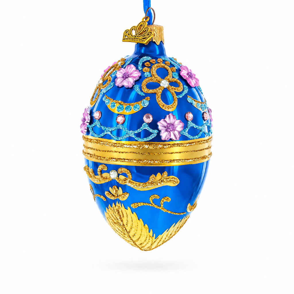 Flowers on Glossy Blue Glass Egg Christmas Ornament 4 Inches