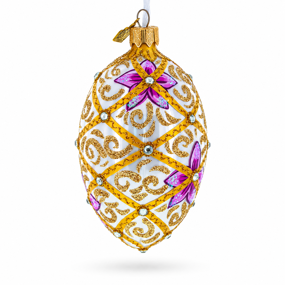 Purple Flowers on Golden Scroll Glass Egg Christmas Ornament 4 Inches