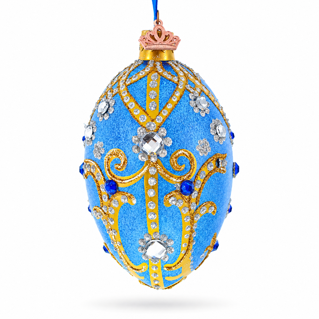 Jewels and Golden Scrolls on Glitter Blue Glass Egg Christmas Ornament 4 Inches