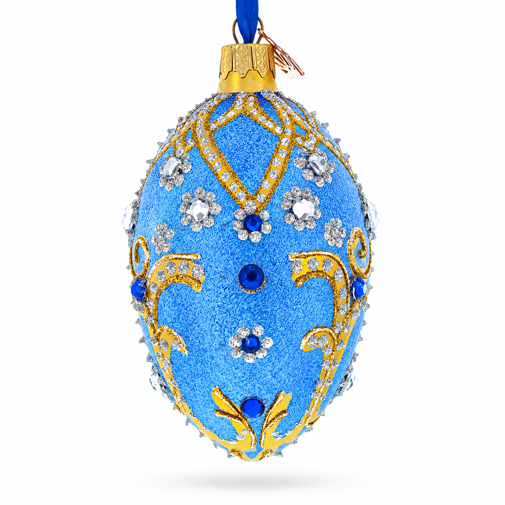 Jewels and Golden Scrolls on Glitter Blue Glass Egg Christmas Ornament 4 Inches