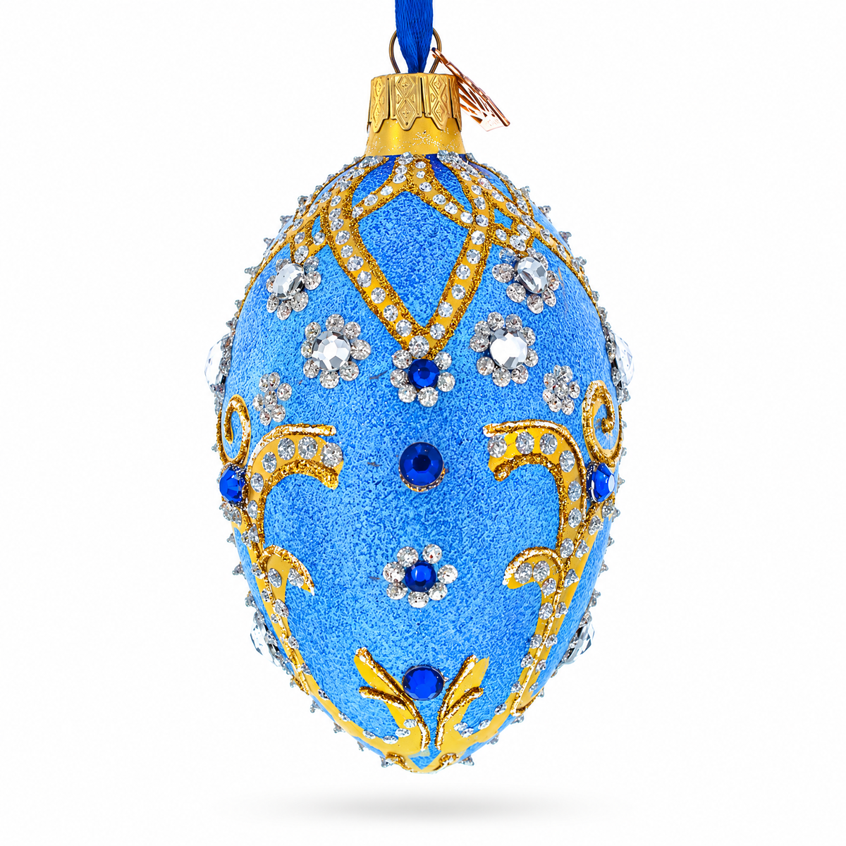 Jewels and Golden Scrolls on Glitter Blue Glass Egg Christmas Ornament 4 Inches