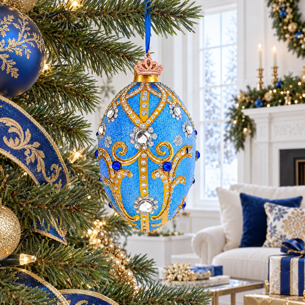 Jewels and Golden Scrolls on Glitter Blue Glass Egg Christmas Ornament 4 Inches