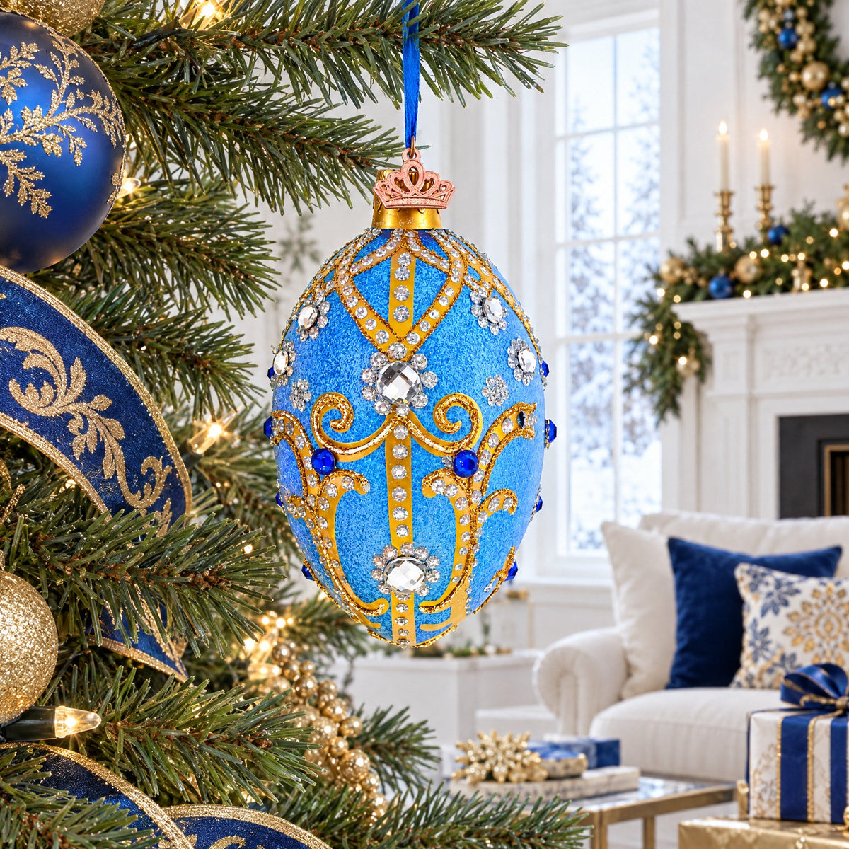 Jewels and Golden Scrolls on Glitter Blue Glass Egg Christmas Ornament 4 Inches