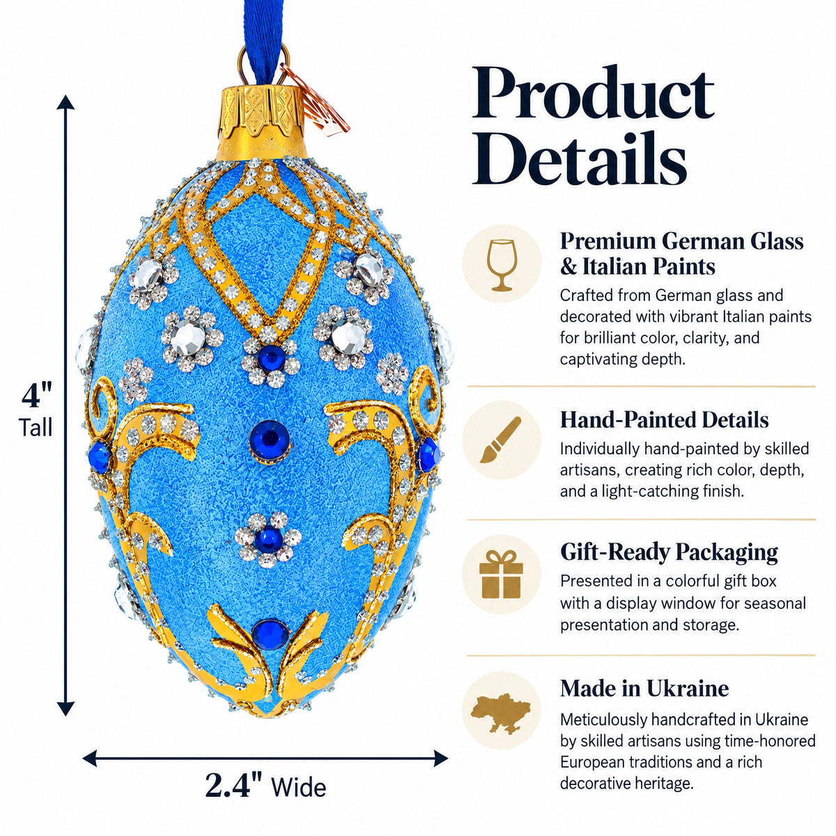 Jewels and Golden Scrolls on Glitter Blue Glass Egg Christmas Ornament 4 Inches