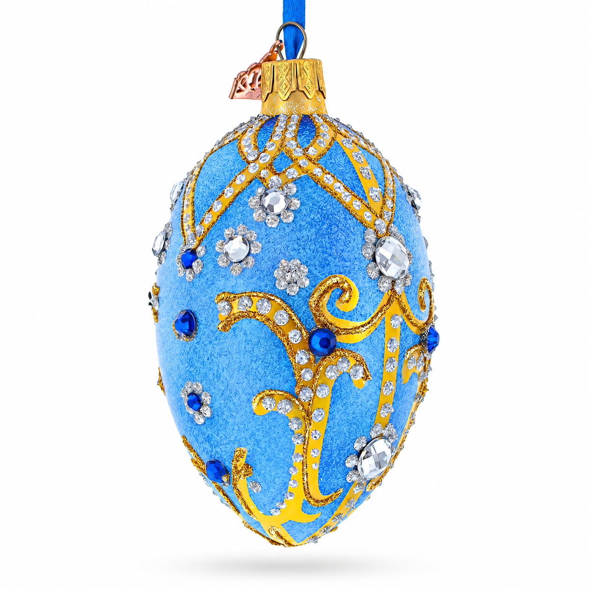 Jewels and Golden Scrolls on Glitter Blue Glass Egg Christmas Ornament 4 Inches
