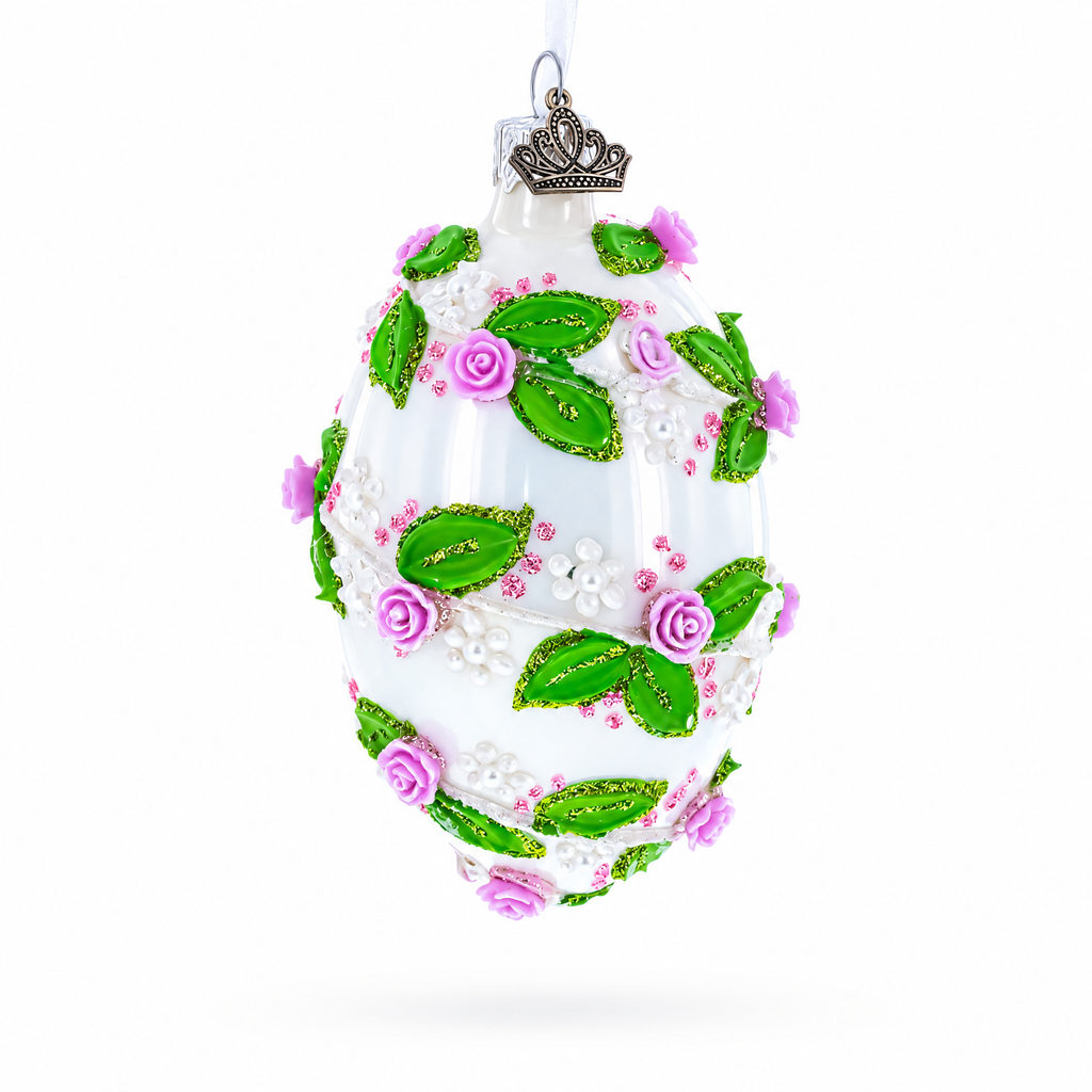 3D Roses in Silver Spiral Glass Egg Ornament 4 Inches