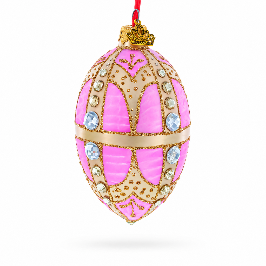 Diamonds on Gold and Pink Glass Egg Ornament 4 Inches
