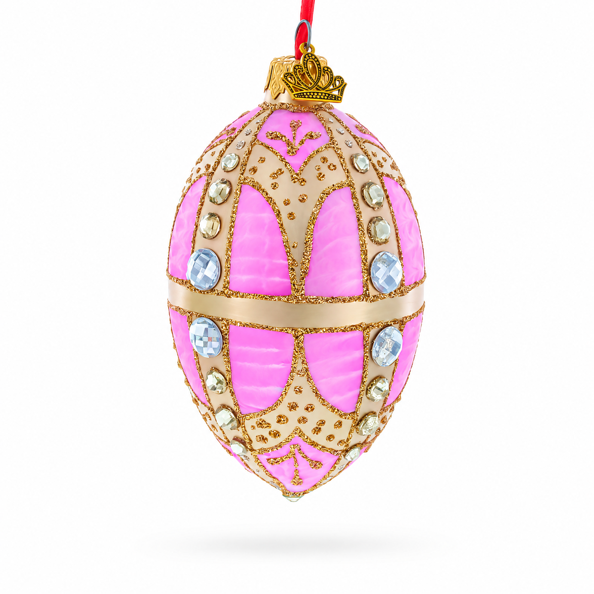 Diamonds on Gold and Pink Glass Egg Ornament 4 Inches