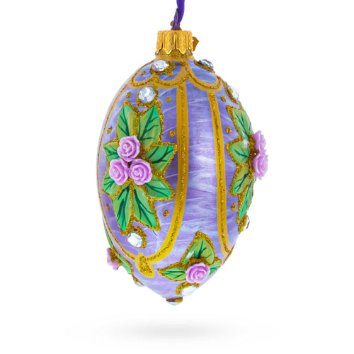 3D Roses Bouquet on Purple Glass Egg Ornament 4 Inches