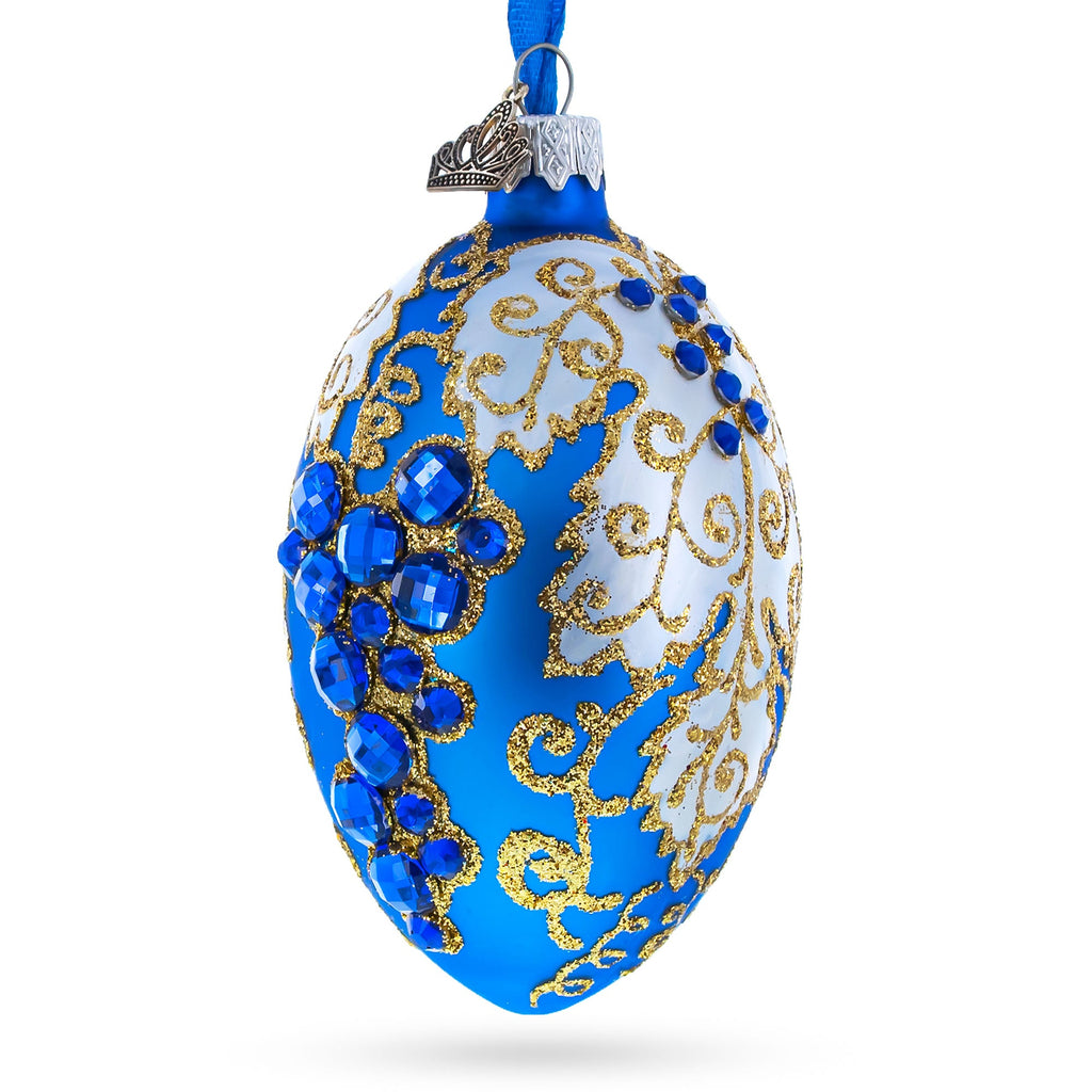 Blue Grapes on White Glass Egg Ornament 4 Inches