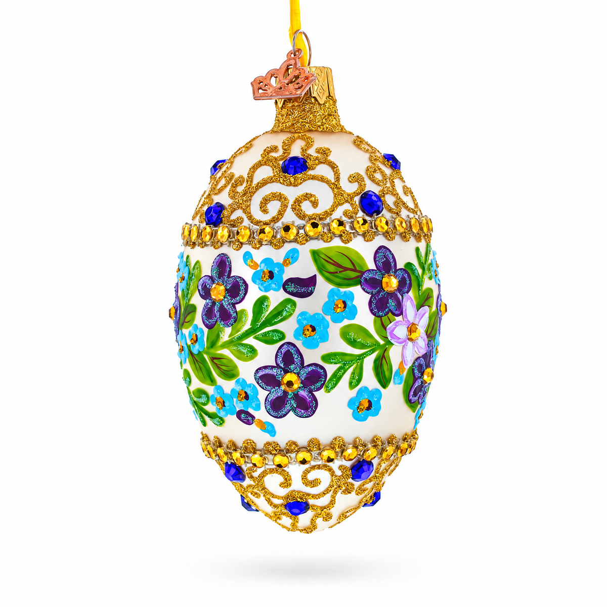 Flowers Swirl Glass Egg Ornament 4 Inches