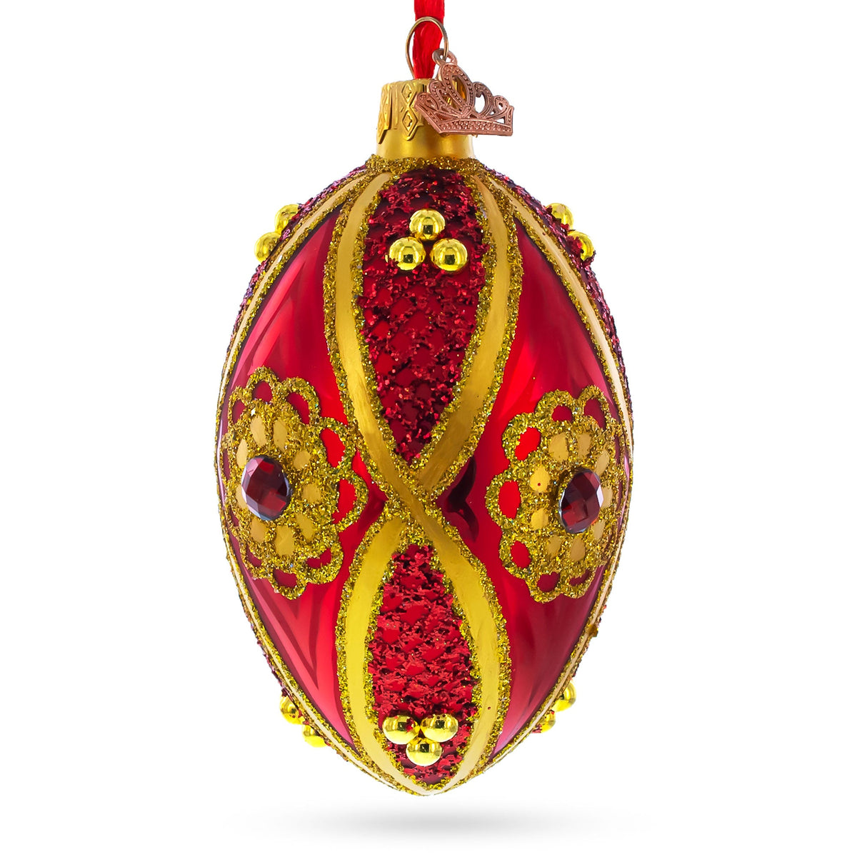 Red Jewel on Red Glass Egg Ornament 4 Inches