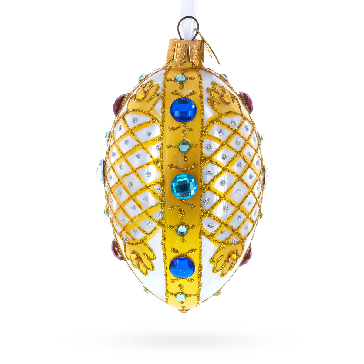 Multicolored Jewels on White Glass Egg Ornament 4 Inches