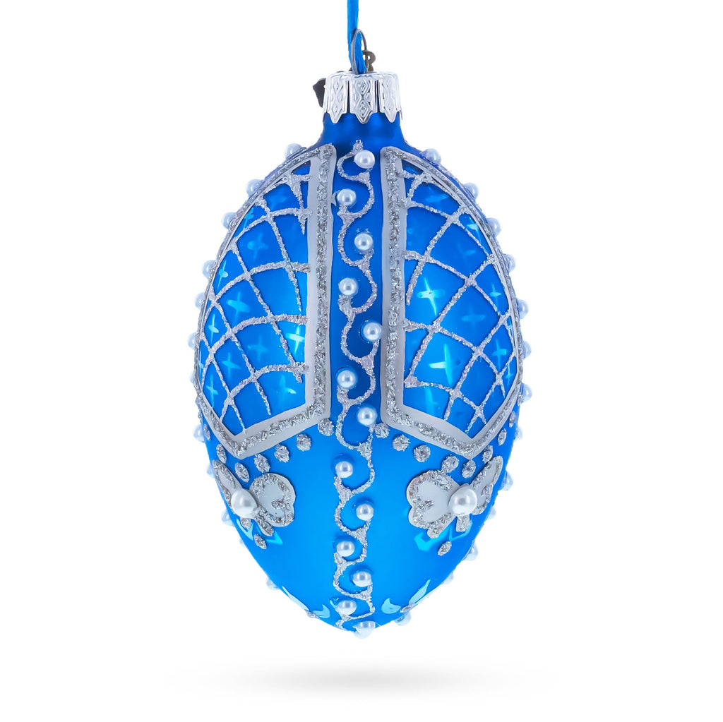 Pearls on Blue Glass Egg Ornament 4 Inches
