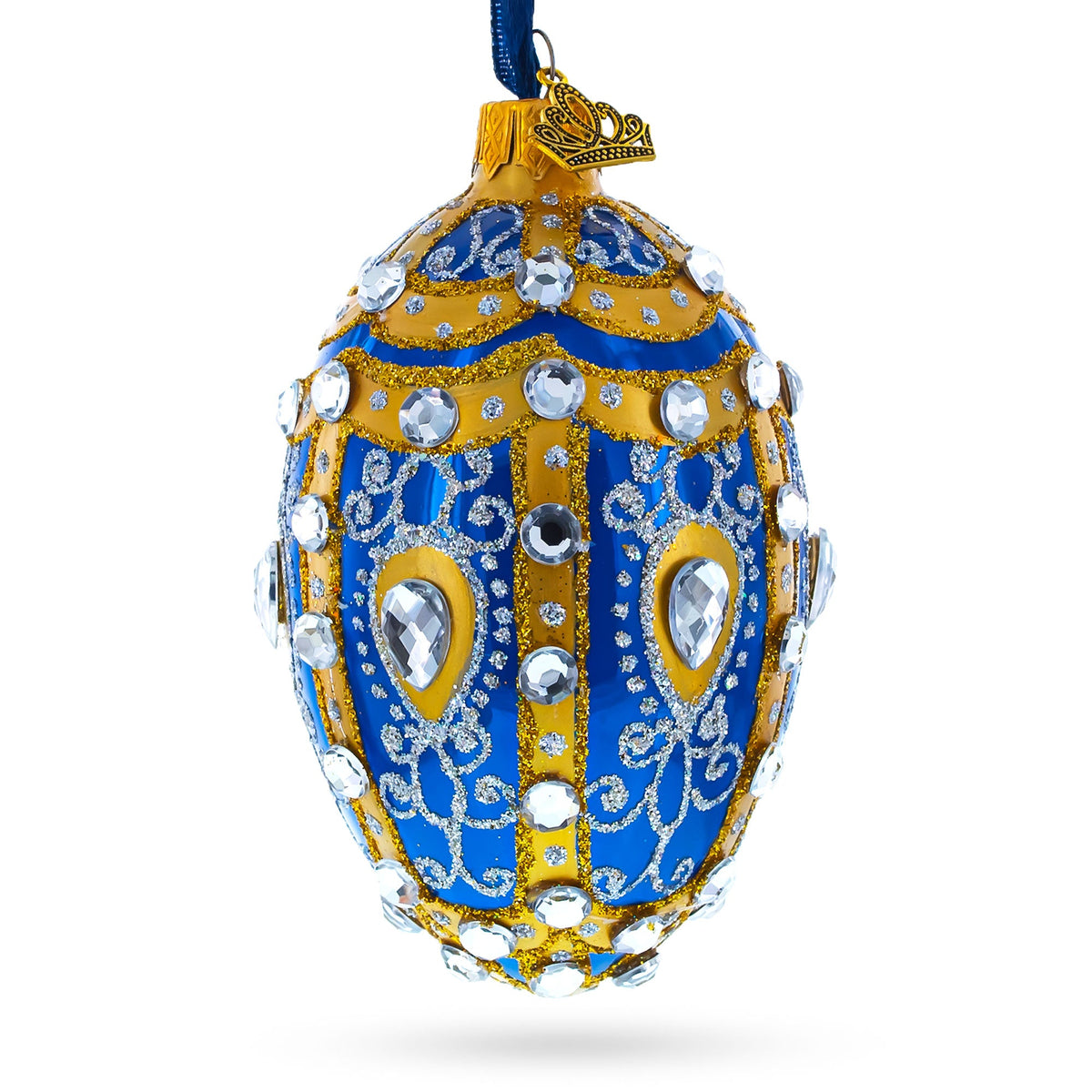 White Scrolls on Blue Glass Egg Ornament 4 Inches