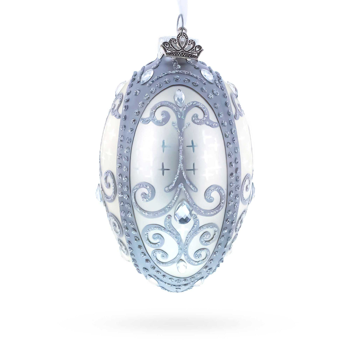 Silver Scrolls on White Glass Egg Ornament 4 Inches