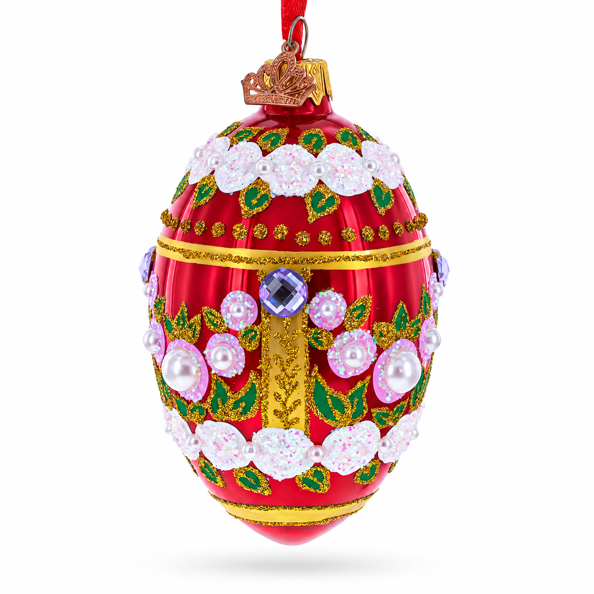 Pearl Flowers on Glossy Red Glass Egg Ornament 4 Inches
