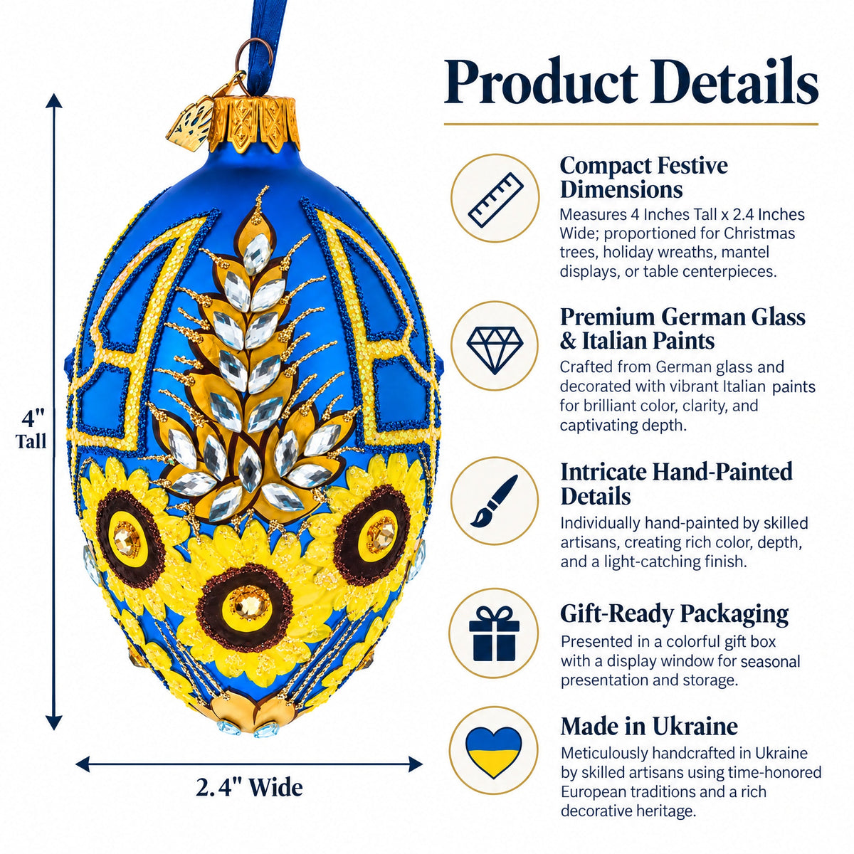 Ukrainian Coat of Arms and Sunflowers Glass Egg Ornament 4 Inches