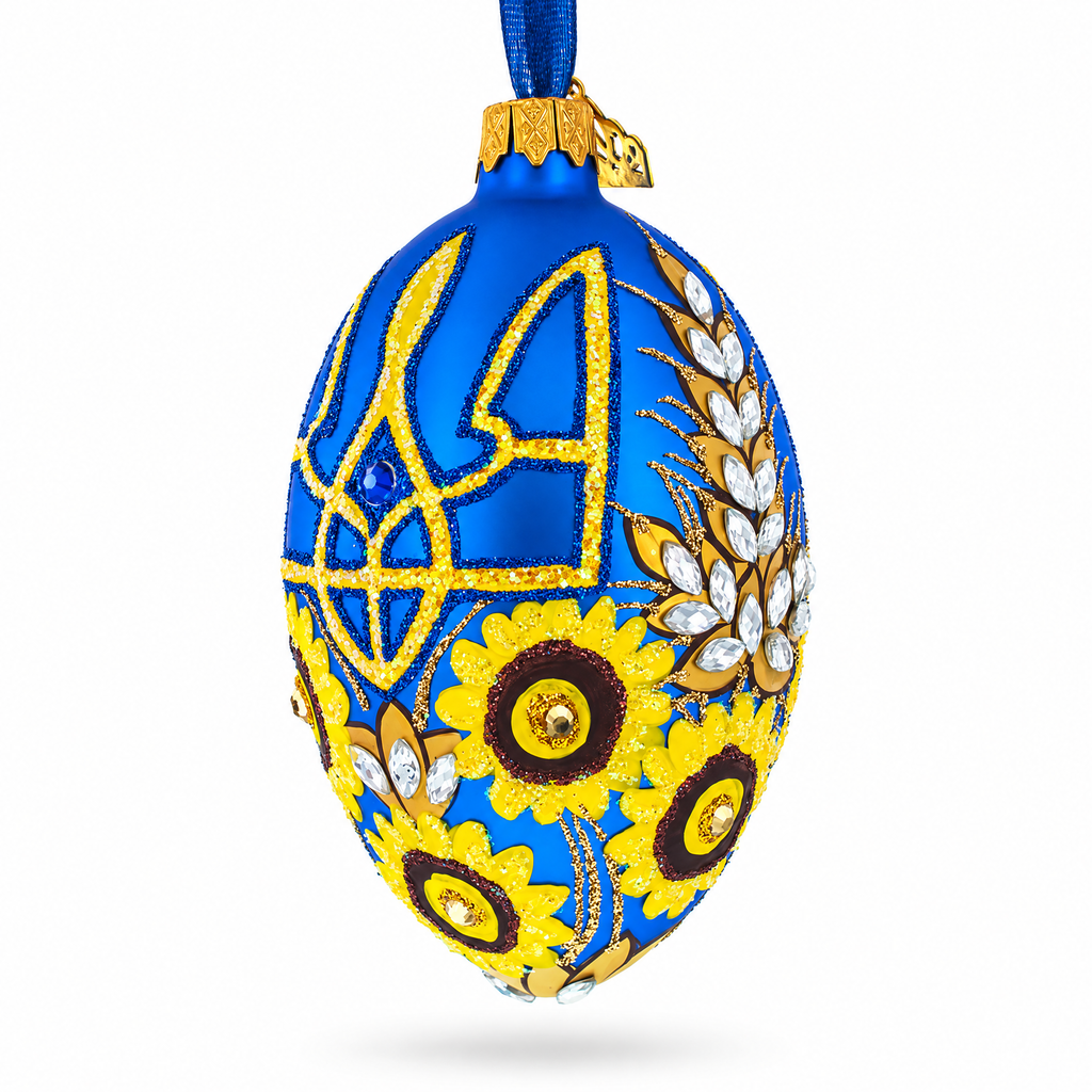 Ukrainian Coat of Arms and Sunflowers Glass Egg Ornament 4 Inches