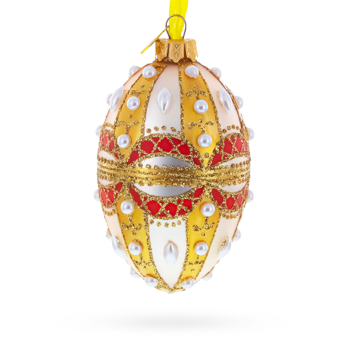 Pearls on Gold and White Glass Egg Ornament 4 Inches