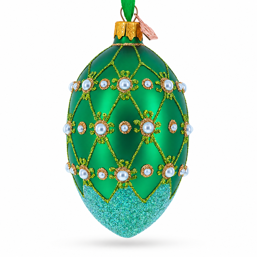 Pearls on Green Trellis Glass Egg Ornament 4 Inches