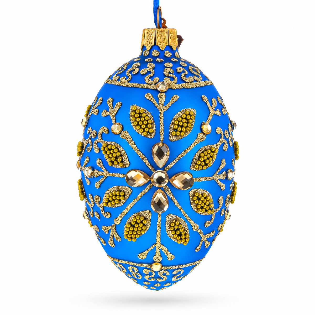 Golden Snowflake on Blue Glass Egg Ornament 4 Inches
