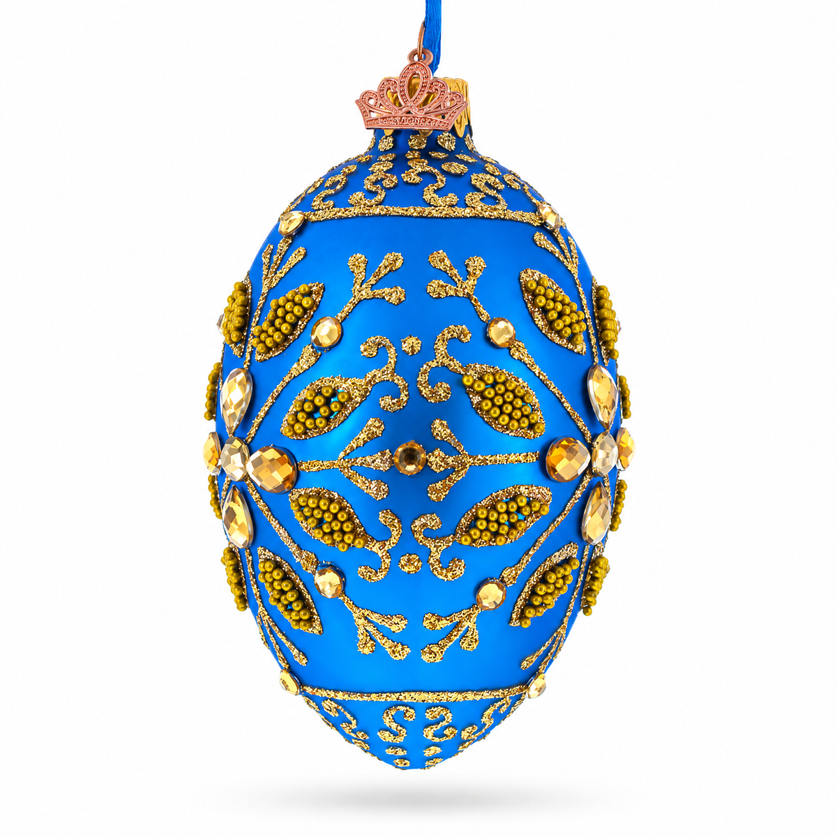 Golden Snowflake on Blue Glass Egg Ornament 4 Inches
