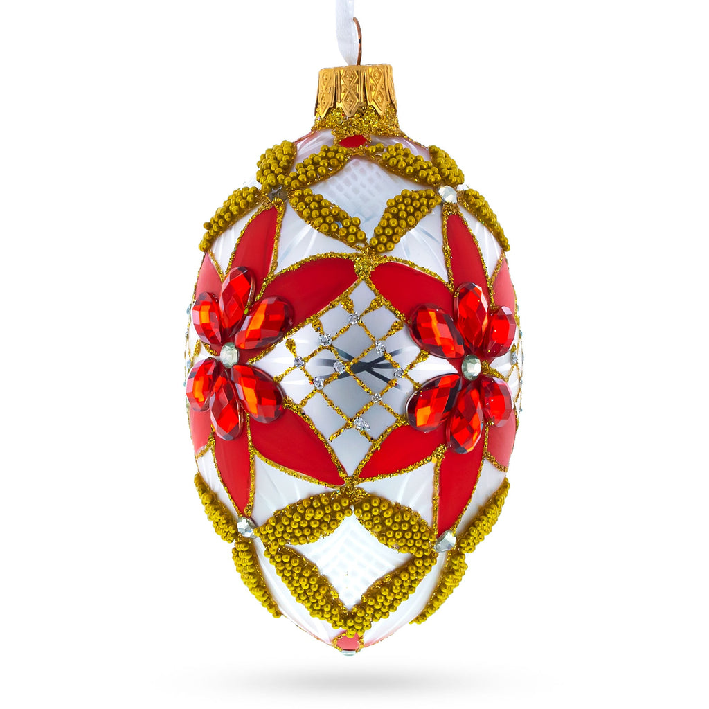 Red Jeweled Stars on White Glass Egg Ornament 4 Inches