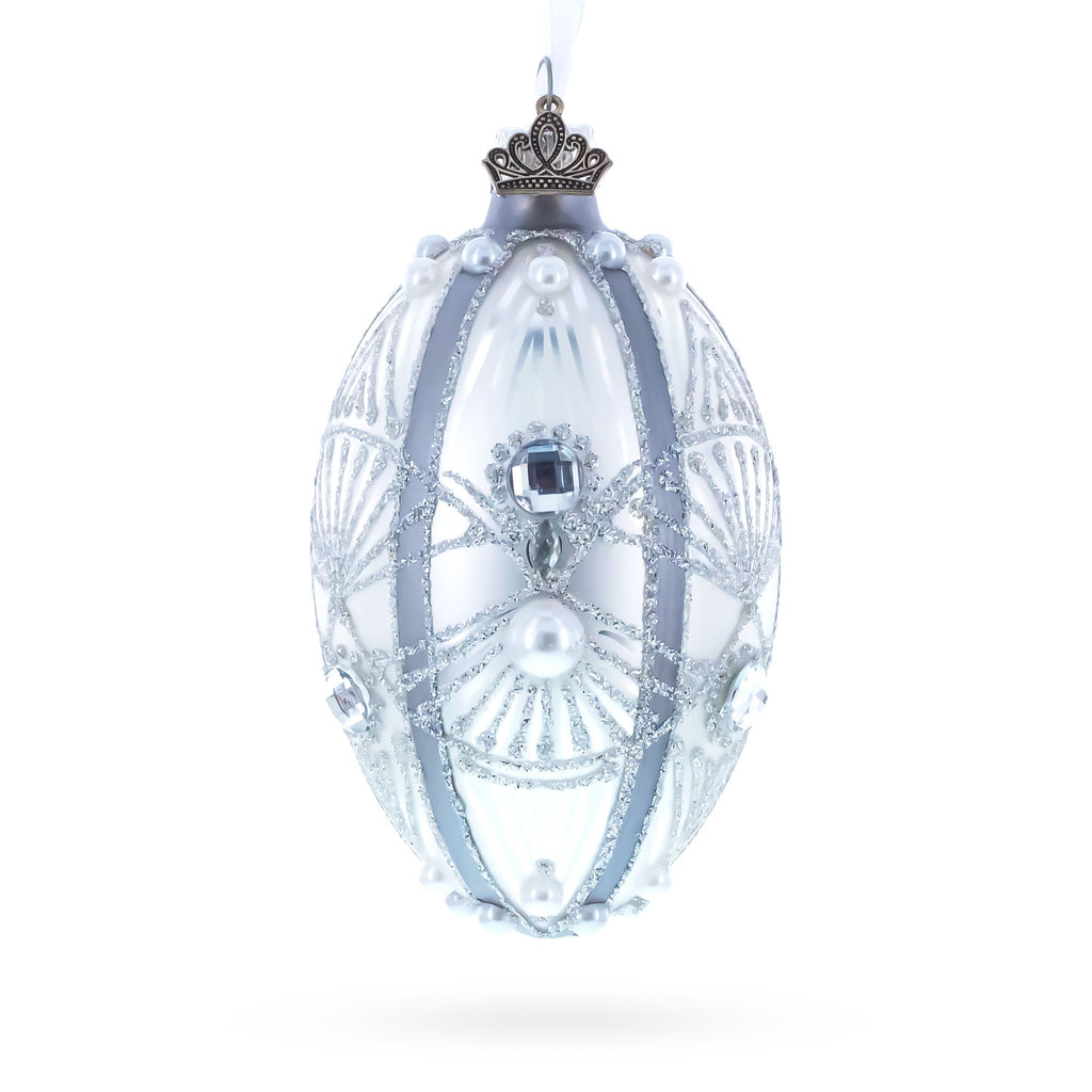 Diamonds on Silver Glass Egg Ornament 4 Inches
