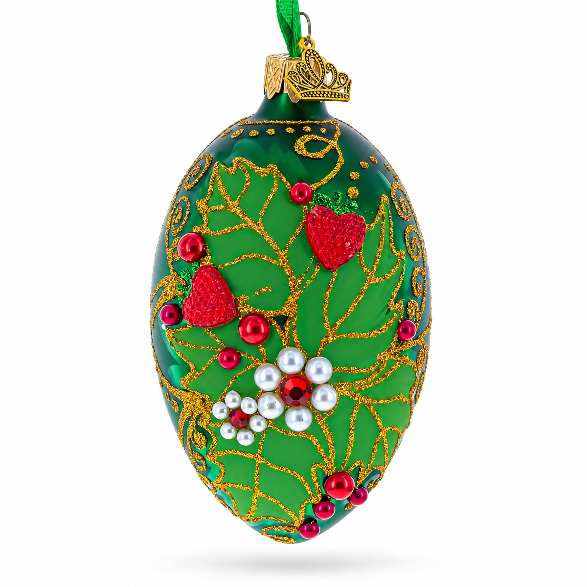 Pearl on Green Leaves Glass Egg Ornament 4 Inches