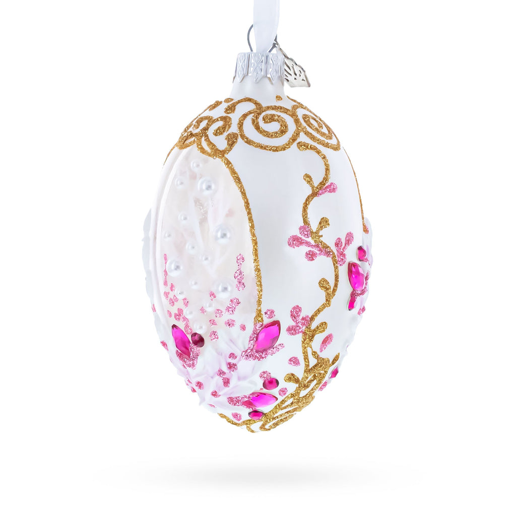 Pink Pearls on Clear Glass Egg Ornament 4 Inches