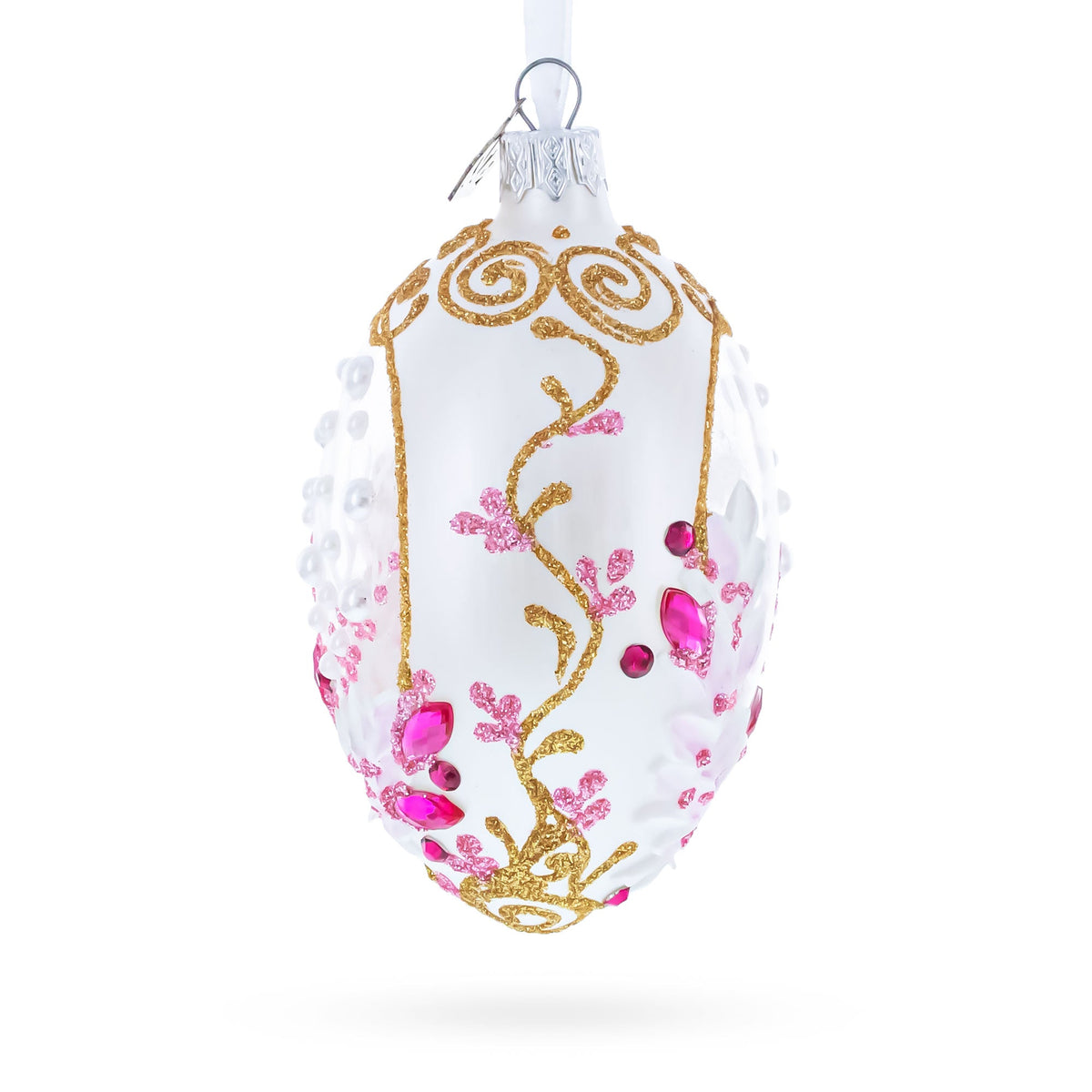 Pink Pearls on Clear Glass Egg Ornament 4 Inches