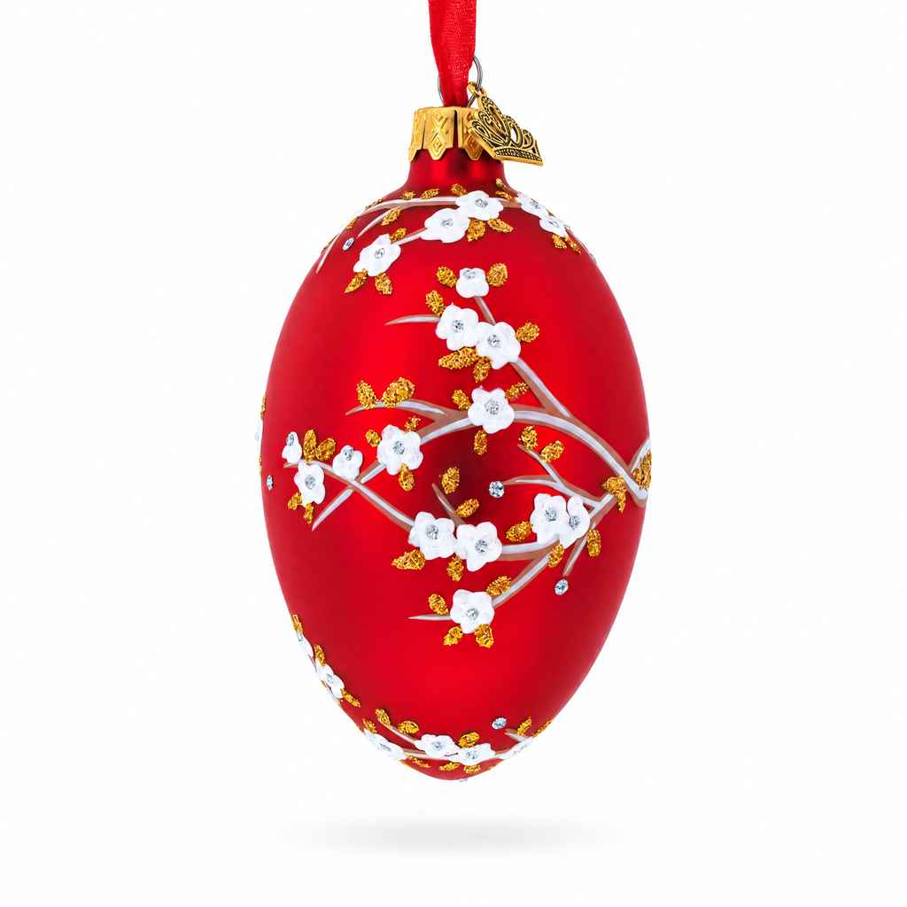 1901 Kelch Apple Blossom on Red Royal Egg Glass Ornament 4 Inches