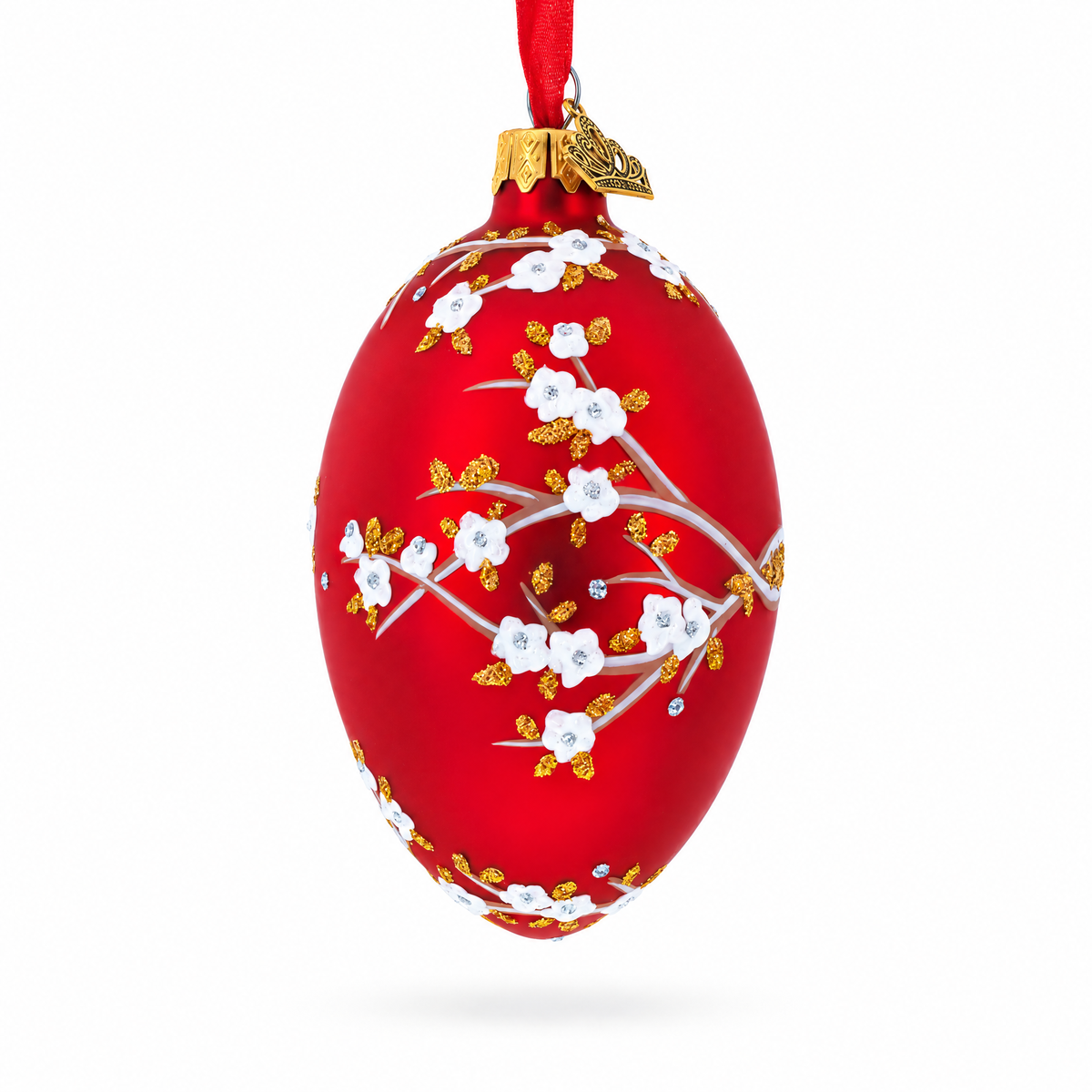 1901 Kelch Apple Blossom on Red Royal Egg Glass Ornament 4 Inches