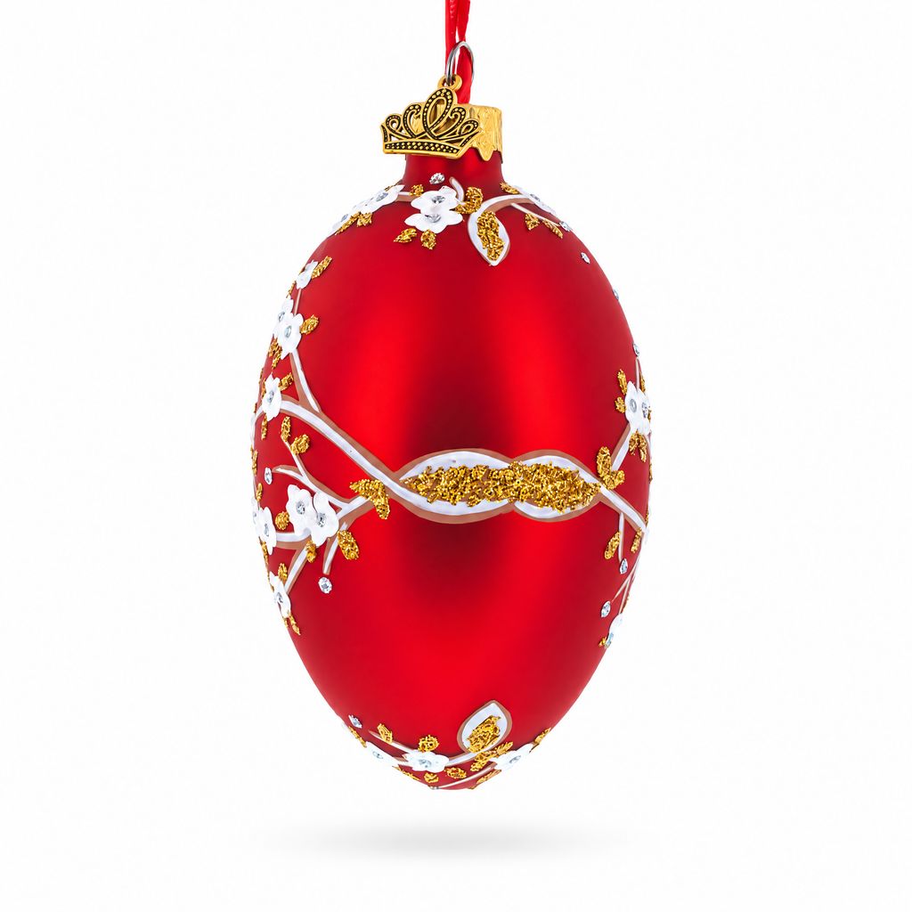 1901 Kelch Apple Blossom on Red Royal Egg Glass Ornament 4 Inches