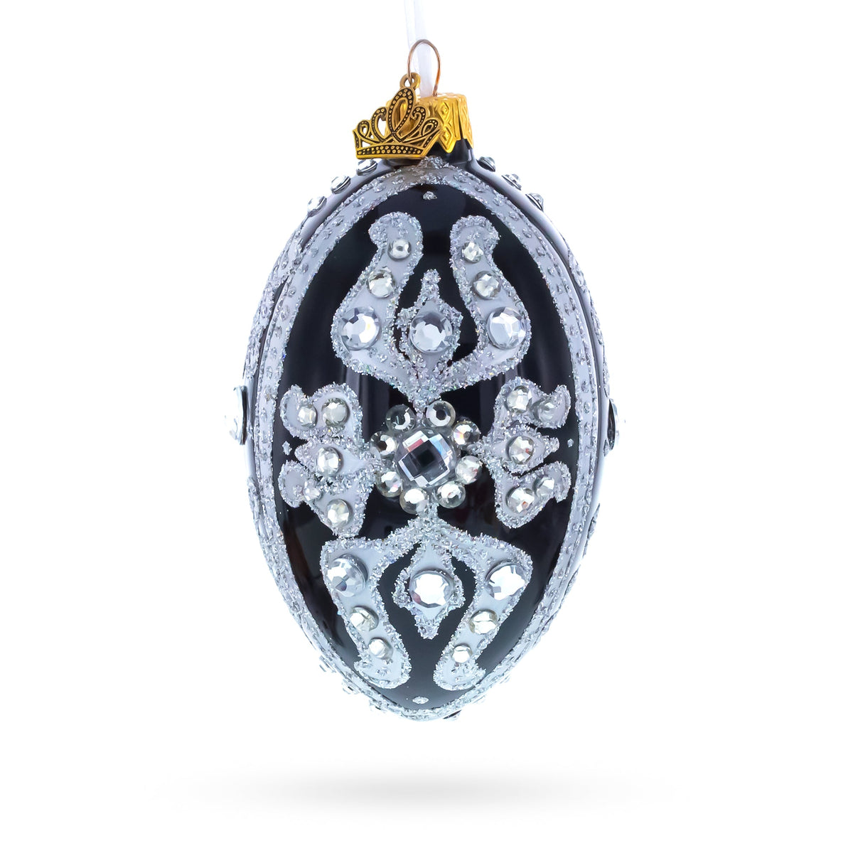 Silver and Crystal Floral Pattern on Black Glass Egg Ornament 4 Inches