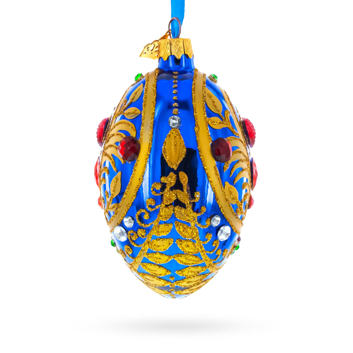 Royal Blue Regal Heart and Gemstones Embellished Glass Egg Ornament 4 Inches
