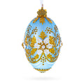 Blue and Gold Embossed Floral Glass Egg Ornament 4 Inches