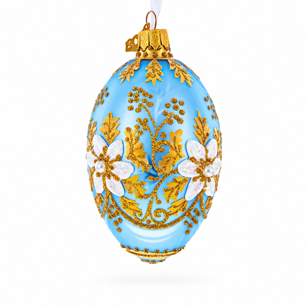 Blue and Gold Embossed Floral Glass Egg Ornament 4 Inches