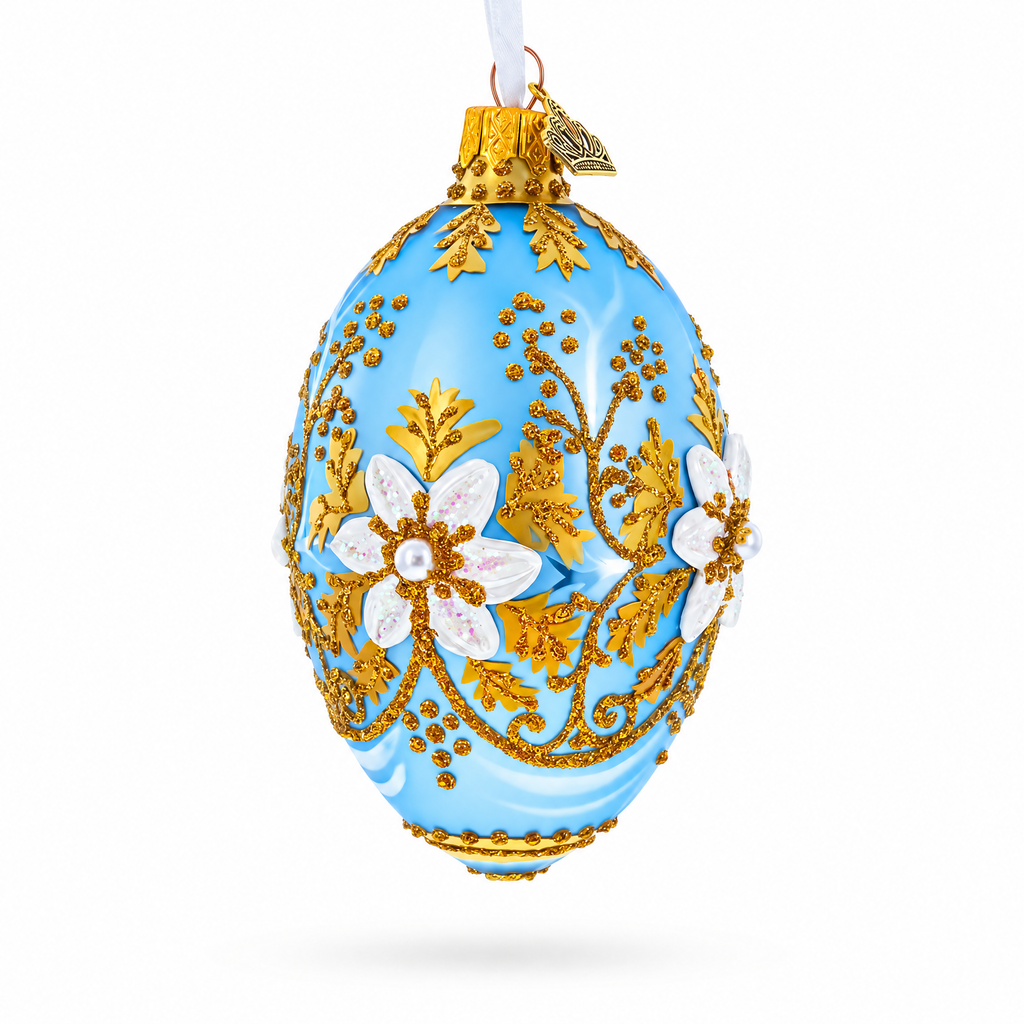 Blue and Gold Embossed Floral Glass Egg Ornament 4 Inches