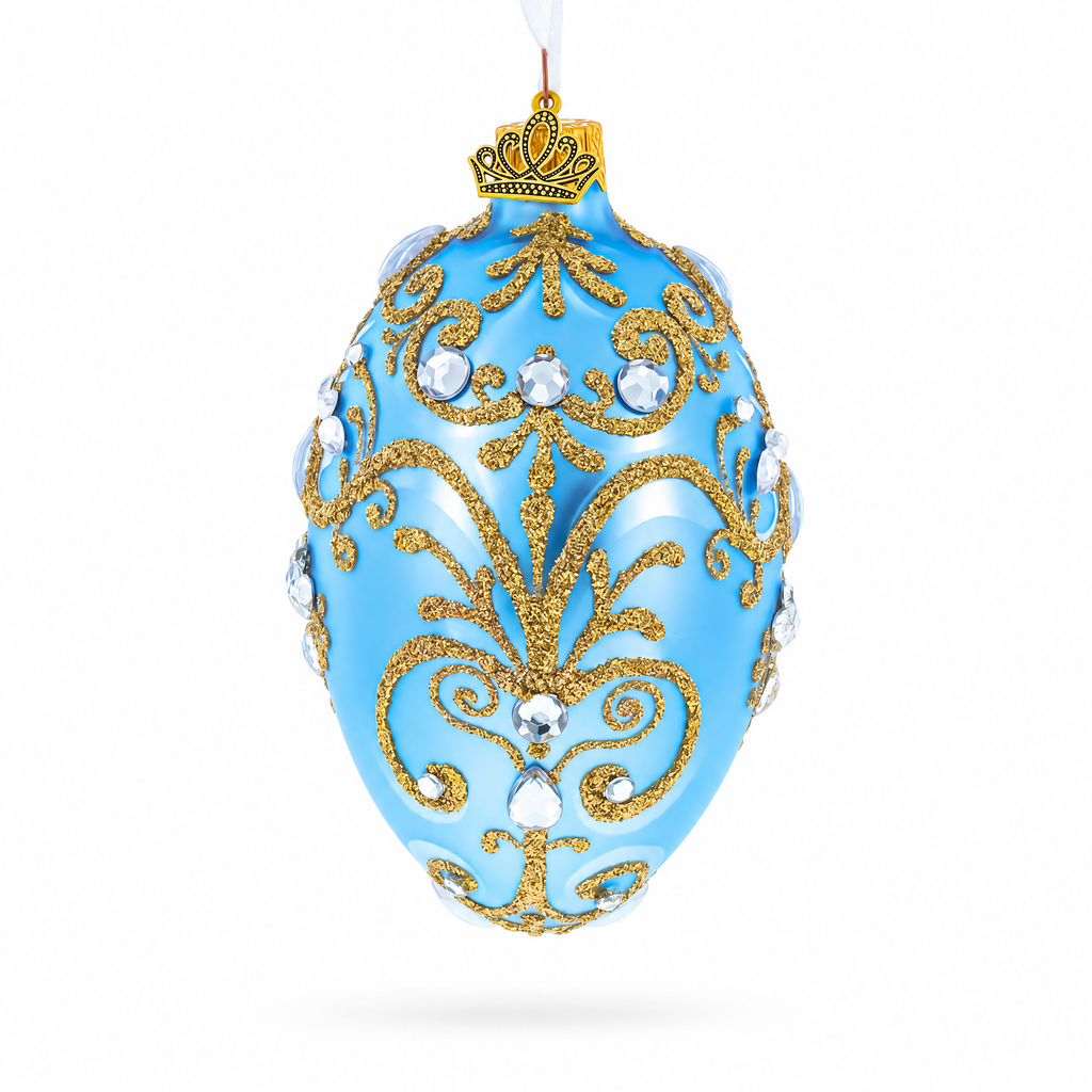 Elegant Blue and Gold Jeweled Glass Egg Ornament 4 Inches